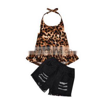 A0169# Clothing set Summer Girl 2PCs Kids Leopard Tops + Denim Shorts 2Pcs outfit Child Baby Girls Clothes Set