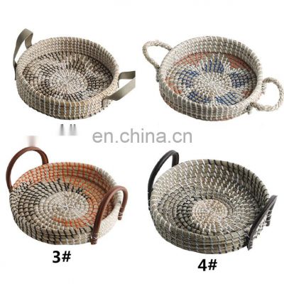 Set Of 3 Round Seagrass Serving Tray With Carrying Handle Mixed Plastic String Vietnam Supplier
