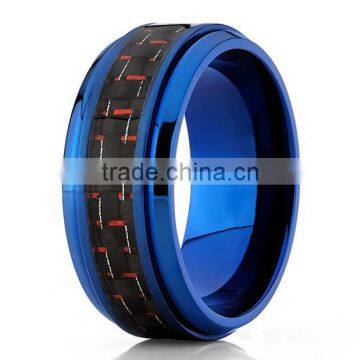 Men's Blue Titanium Black And Red Carbon Fiber Men's 9mm Comfort Fit Band, New Titanium Blue Carbon Fiber Ring