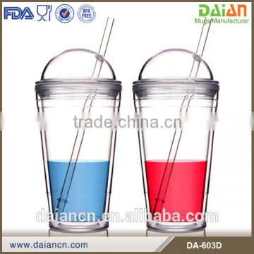 Double wall plastic custom coffee mug with straws
