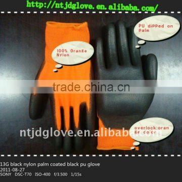 Soft /13G 100% orange nylon palm coated black pu glove/ pu glove