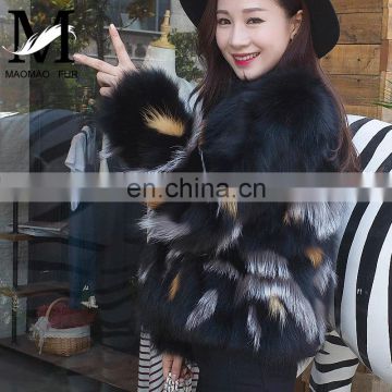 OEM Designer European Fashion Winter Short Style Hand Knitted Fox Fur Made Black Fur Jacket