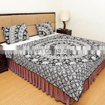 Indian New Black Elephant Mandala Quilted Blanket Comforter Queen Size Reversible Duvet Set 100% Cotton Bedding Set