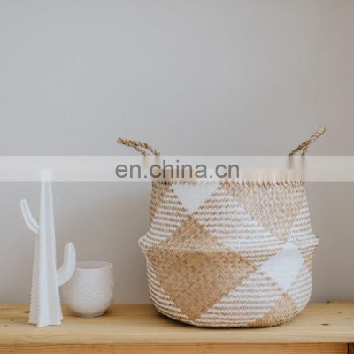 Handwoven Large White Patterned Basket, seagrass belly basket, boho basket planter Wholesale
