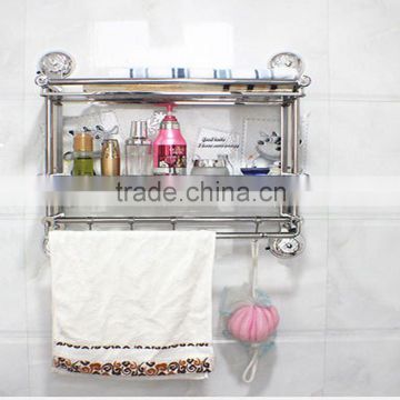 No drilling Bathroom Double Deck Towel Rack wall mounted shampoo Clothes Storage Holder With Removable vacuum suction Hook