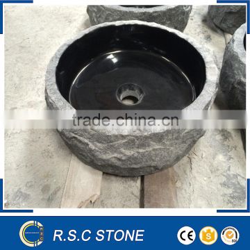 best price Shanxi black granite stone bathroom sink with natural outside
