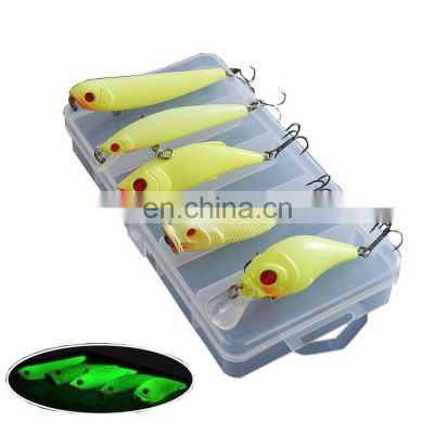 Factory price 5Pcs Mixed Luminous Minnow Glow In The Dark Fishing Lures Bait Kit Hard Plastic With Box