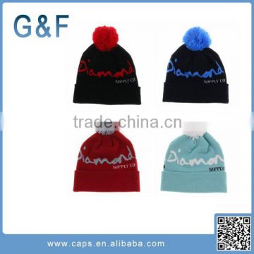 Knitted Embroidered Winter Beanie Hats With Pom