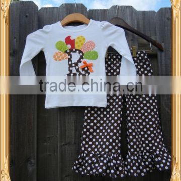 Thanksgiving day girls remake boutique outfits back to school outfits turkey embroidered top&polka dots ruffle pants sets