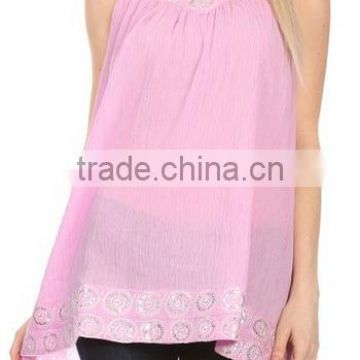 Sequin Embroidered Relaxed Fit Sleeveless V-Neck Top