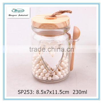 230ml heart shape glass spice jar with wooden lid