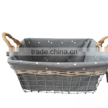 iron metal wire picnic basket/storage basket with fabric liner inside