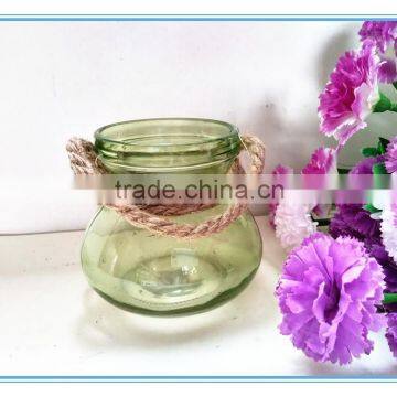 Fulaishan Hot sale small color flower vase/glass candle holder with rope handle