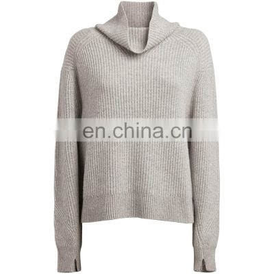 Designer Ribbed Knit Turtle Neck Cashmere Wool Knit Sweater for Women