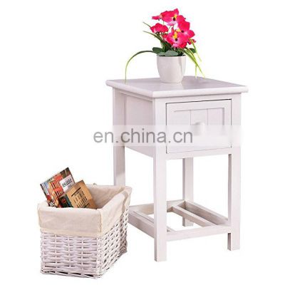 White Nightstand End Side Table Bedroom Home Storage Furniture with 1 Wicker Basket