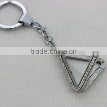 30mm Stainless Steel Silver Rhinestone Magnetic Triangle Glass Floating Charm Keychain Locket Key Rings Chain
