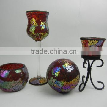 red glass votive candle holders and mosaic ball