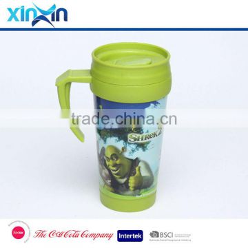 Promotional plastic coffe travel mug double wall coffee cup car mug with handle
