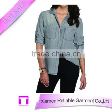 Popular gray long sleeves autumn 100% cotton lady denim blouse/shirt