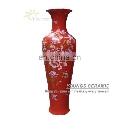 Large Red Porcelain Yulan Magnolia Floor Vase For Indoor Home Decor