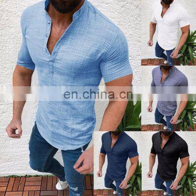 New Summer Men Fashion Cotton Linen Button-down Shirt Short Sleeve Mandarin Collar Solid Color Casual Tops