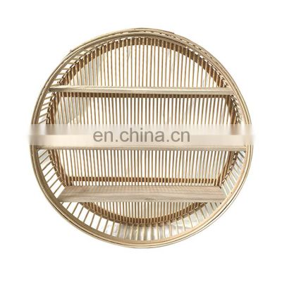 Vintage Round Natural Wooden Wicker Rattan Woven Wall Shelf Rack for Bathroom