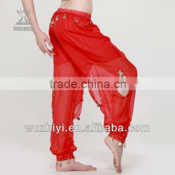Wholesale cheap professional belly dance harem pants,cheap sexy sequin chiffon coin red belly dance pants (KZ003)