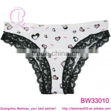 Sweet panty printed sweet heart cute panty with balck lace trim