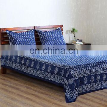 Indigo Hand Block Printed Double Bedsheet With Pillow Cover
