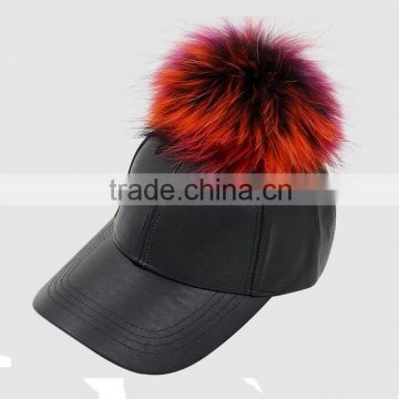 Colorful raccoon fur balls Baseball caps New faux leather casquette PU hat for sport