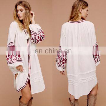 Ladies high quality dress shirt balloon sleeve white long blouse dress boho styles