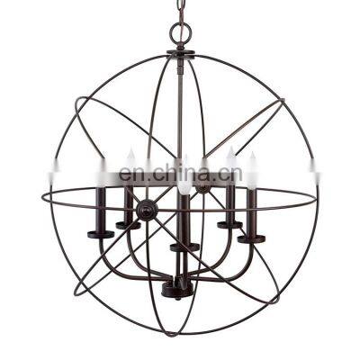 Industrial Rustic Oil Rubbed Bronze Sphere Shape 5 Light Candle Chandelier Iron Round Pendant Lamp for Living Room Bedroom