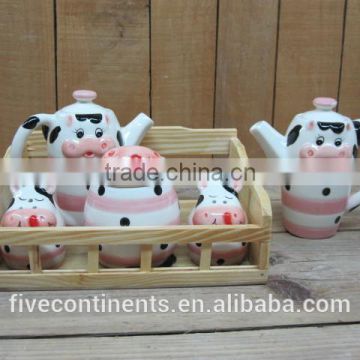 ceramic cute cow 5pcs condiment set salt and pepper shaker with oil and vinegar bottle set with wood