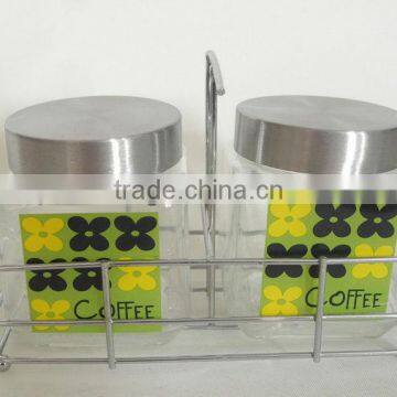 clear square glass coffee jar with metal stand