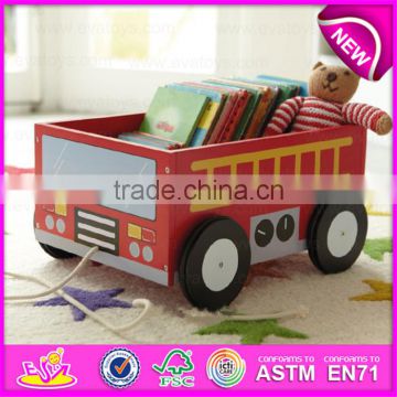 Pull and push wooden bus storage cartoon box for kids,Best manufacturer wooden toy storage box with school bus printing W08C127