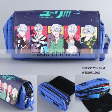 Hot Sale Japan Yuri On Ice PU Anime Blue Multi-function Pencil Bag