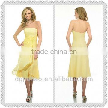 Tea Length Strapless Yellow Bridesmaid Dress 2013