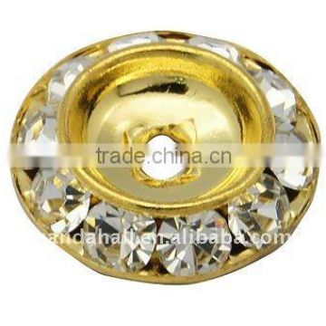 Brass Rhinestone Beads, Grade A, Flat Round, Golden Color, Clear, 15x3.5mm, hole: 2.5mm(RB-Q043-G)