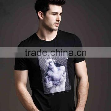 Plain black body fit short sleeve t shirt with heat transfer printing