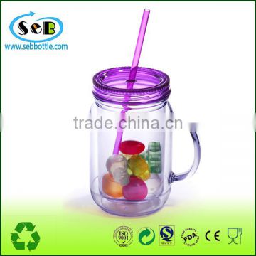 double wall plastic mason jar tumbler with straw and handle