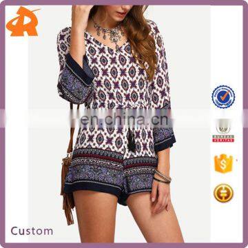 China Factory Wholesale Fashion Design Tribal Print Tassel-Tied Romper Women