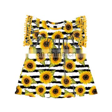 Girl Sunflower Pom Pom Summer Casual Dress Fancy Frocks For Baby Girls