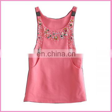 elegant appliqueds colorful stones vest dress with 2 pockets