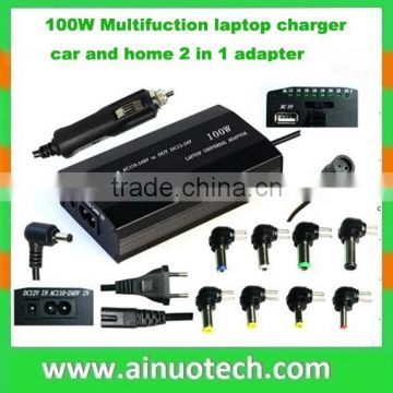 high quality 100W universal laptop car/home charger 2 in 1 use