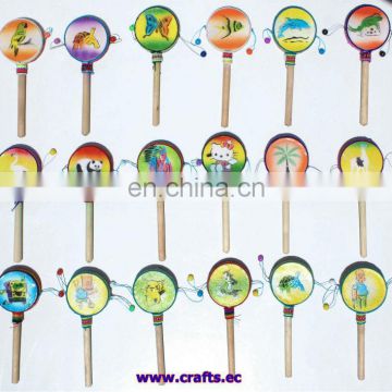 Small ethnic latin wooden hand drums with images for children, toys, art and crafts