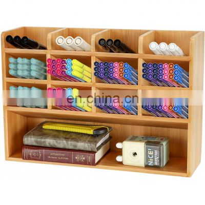 Bamboo Pen Organizer Wooden Pencil Holder Box for Desk Wood Art Supplies Storage Cabinet with 13 Compartments for Colored Pencil