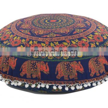 Elephant Print Round Floor Cushion Large Mandala Pillow Cover Decorative Throw Pillows Pom Pom Roundie Indian Cushion Cover