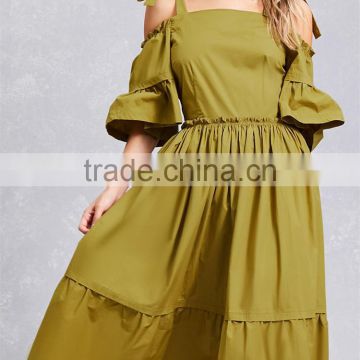 China wholesale clothing oem self-tie straps layered short sleeves shirred waist hidden side zipper Poplin Open-Shoulder Dress
