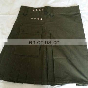Olive Green Military Men Fashion Kilt with Leather Straps