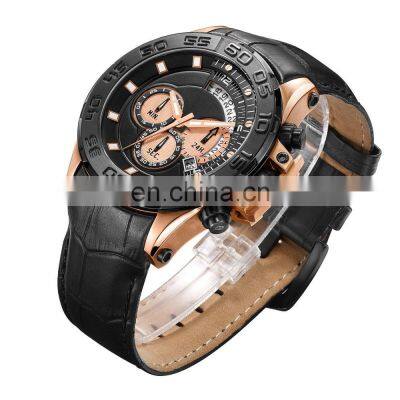 High quality 24 hour dial 3 eyes ip plating black chronograph japan movement mens leather watch